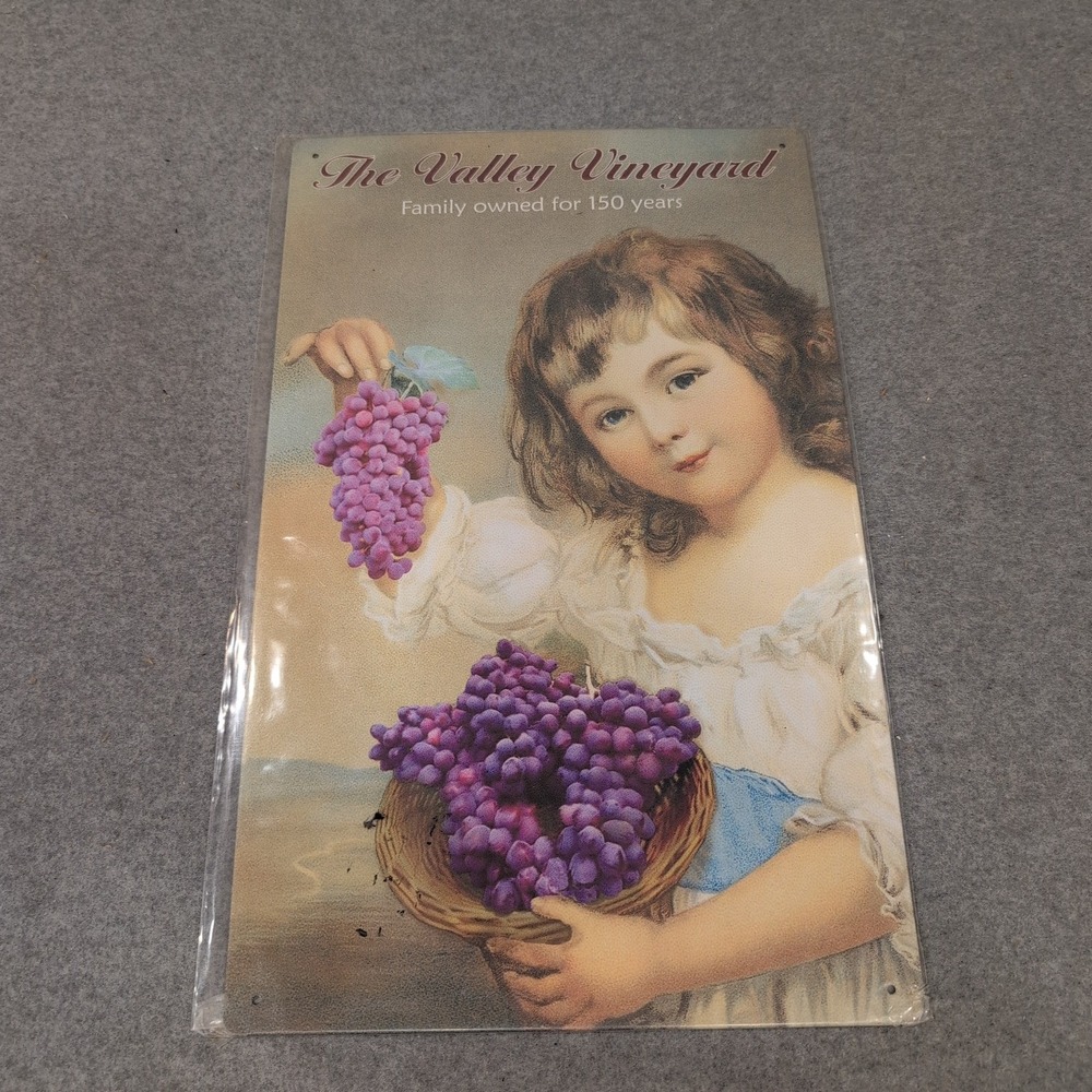 The Valley Vineyard Metal Tin Sign Vintage Style‎ Girl with Grapes Wall Decor